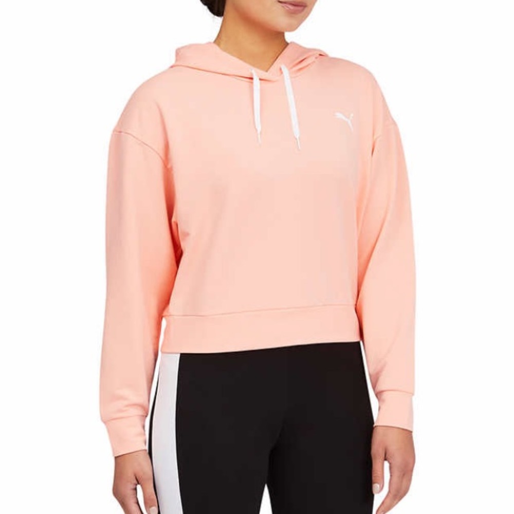 Puma Ladies Lightweight Cropped knit Blend Hoodie Pink Apricot Branded PUMA Logo